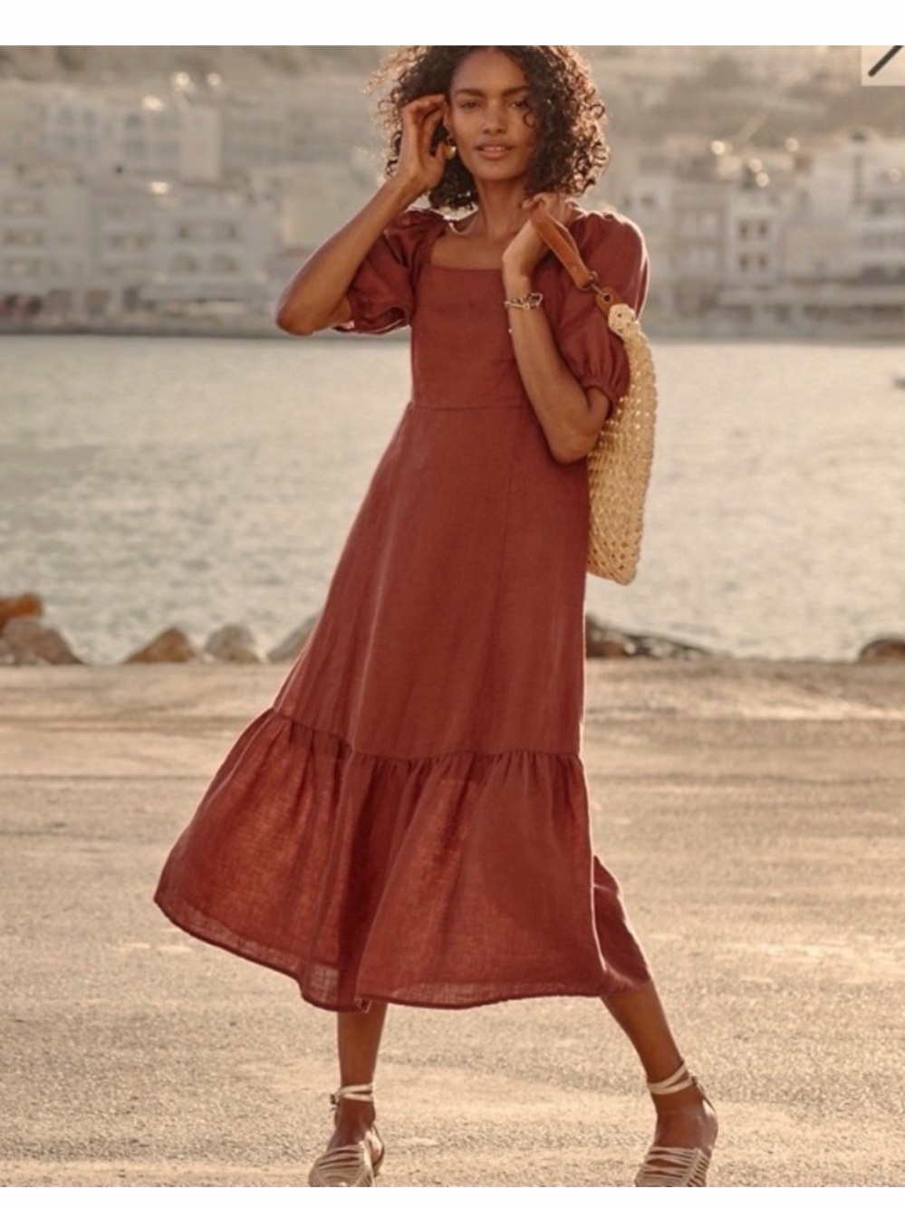 New Garnet Hill Linen Puff Sleeve Midi Dress Marsala tiered burgundy XL